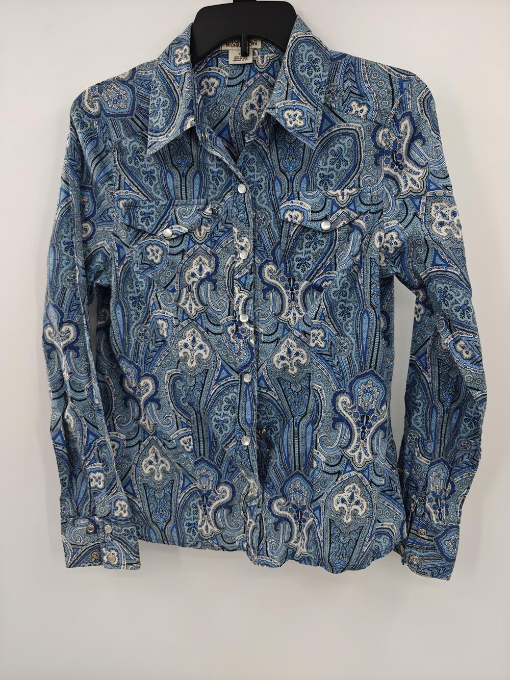Michael Michael Kors Shirt Womens 10 Blue Paisley Western Snap Front Cotton